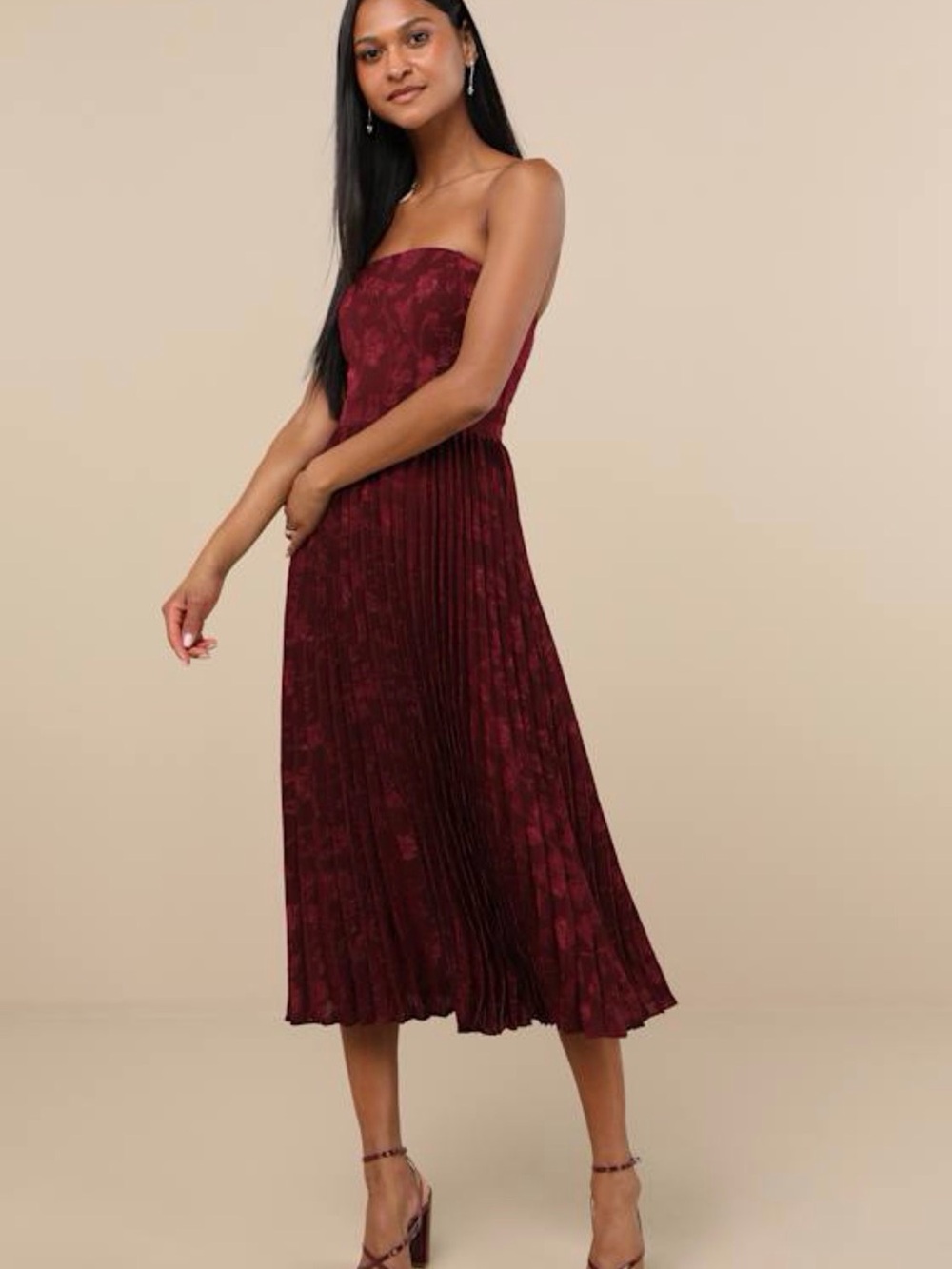 Lulu's Strapless Pleated Midi Dress in Burgundy Floral